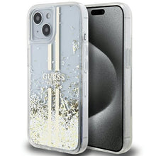Заредете изображение във визуализатора на галерията – Original faceplate case GUESS GUHCP15MLFCSEGT for iPhone 15 Plus (Liquid Glitter Gold Stripes / transparent)
