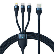 Заредете изображение във визуализатора на галерията – Baseus Flash Series Ⅱ 3in1 cable with fast charging USB-A to USB-C / Micro-USB / Lightning 66W 480Mb/s 1.2m blue
