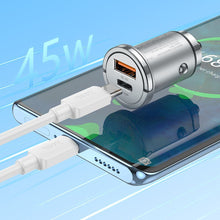 Заредете изображение във визуализатора на галерията – HOCO car charger USB QC 3.0 + Type C PD 45W NZ10 silver
