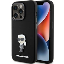 Заредете изображение във визуализатора на галерията – Karl Lagerfeld Silicone Ikonik Metal Pin case for iPhone 15 Pro Max - black
