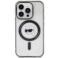 Заредете изображение във визуализатора на галерията – Original Pouch KARL LAGERFELD hardcase IML Karl`s Head Magsafe KLHMP15XHKHNOTK for Iphone 15 Pro Max Transparent
