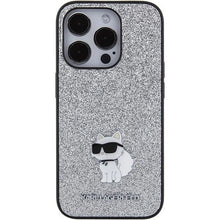 Заредете изображение във визуализатора на галерията – Karl Lagerfeld Fixed Glitter Choupette Logo Metal Pin Case for iPhone 15 Pro - Silver
