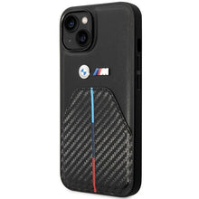 Заредете изображение във визуализатора на галерията – Case BMW BMHCP14S22NSTB iPhone 14 6.1" black/black Stamped Tricolor Stripe
