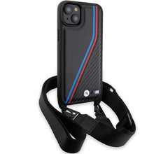 Заредете изображение във визуализатора на галерията – BMW M Edition Carbon Tricolor Lines &amp; Strap case for iPhone 15 Plus / 14 Plus - black
