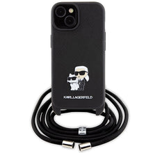 Заредете изображение във визуализатора на галерията – Original Pouch KARL LAGERFELD hardcase Crossbody Saffiano Metal Pin Karl&amp;Choupette KLHCP15MSAKCPSK for Iphone 15 Plus Black

