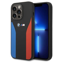 Заредете изображение във визуализатора на галерията – BMW Silicone Blue&amp;Red Stripes M Collection case for iPhone 15 Pro Max - black
