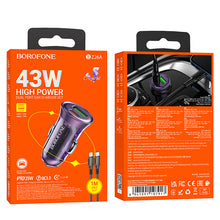 Заредете изображение във визуализатора на галерията – Borofone Car charger BZ26A Shadow - USB + Type C - PD 43W 3A with Type C to Lightning cable transparent-purple
