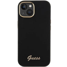 Заредете изображение във визуализатора на галерията – Guess Silicone Script Metal Logo &amp; Frame case for iPhone 15 - black
