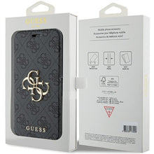Заредете изображение във визуализатора на галерията – Original Case GUESS book 4G Metal Logo GUBKP15S4GMGGR for Iphone 13/14/15 grey
