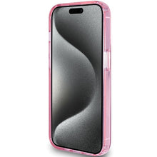 Заредете изображение във визуализатора на галерията – Original faceplate case GUESS GUHMP15XHRSGSP for iPhone 15 Pro Max (Magsafe / Glitter Script Logo / Ring stand / pink)
