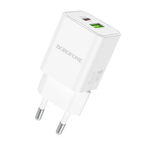 Заредете изображение във визуализатора на галерията – Borofone Wall charger BN14 Royal GaN - USB + Type C - QC 3.0 PD 30W white
