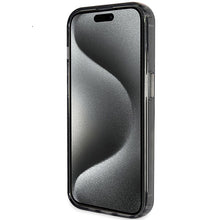 Заредете изображение във визуализатора на галерията – Original faceplate case GUESS GUHMP15MHRSGSK for iPhone 15 Plus (Magsafe / Glitter Script Logo / Ring stand / black)
