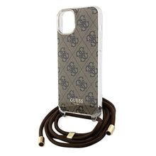 Заредете изображение във визуализатора на галерията – Original faceplate case GUESS GUHCP15SHC4SEW for iPhone 15 (Crossbody Cord 4G Print / brown)

