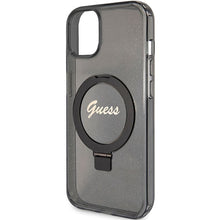 Заредете изображение във визуализатора на галерията – Original faceplate case GUESS GUHMP15MHRSGSK for iPhone 15 Plus (Magsafe / Glitter Script Logo / Ring stand / black)
