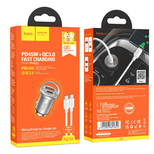 Заредете изображение във визуализатора на галерията – HOCO car charger 2 x USB QC3.0 18W + Type C PD 45W cable Type C for Type C Handy NZ10 silver
