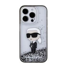 Заредете изображение във визуализатора на галерията – Original KARL LAGERFELD Case Liquid Glitter Ikonik KLHCP15LLKKNSK for Iphone 15 Pro Transparent
