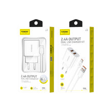 Заредете изображение във визуализатора на галерията – Foneng Wall charger EU45 - 2xUSB - 12W 2,4A with USB to Type C cable white
