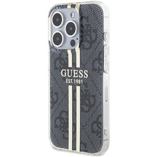 Заредете изображение във визуализатора на галерията – Original faceplate case GUESS GUHCP15LH4PSEGK for iPhone 15 Pro (4G Gold  Stripe / black)
