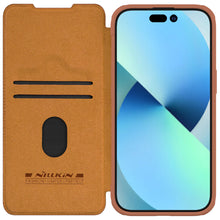 Заредете изображение във визуализатора на галерията – Nillkin Qin Pro Leather iPhone 15 Camera Flip Leather Case - Brown
