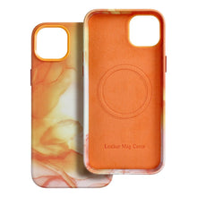 Заредете изображение във визуализатора на галерията – Leather Mag Cover for IPHONE 15 PLUS orange splash
