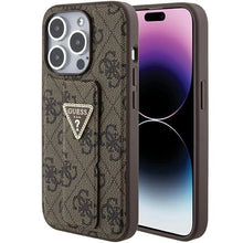 Заредете изображение във визуализатора на галерията – Guess Grip Stand 4G Triangle Strass case for iPhone 15 Pro - brown
