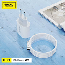 Заредете изображение във визуализатора на галерията – Foneng Wall charger EU39 - Type C - PD 20W 3A with Type C to Type C cable white
