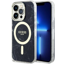 Заредете изображение във визуализатора на галерията – Original Case GUESS hardcase Marble MagSafe GUHMP14LPCUMAK for Iphone 14 Pro black
