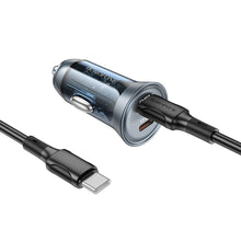 Заредете изображение във визуализатора на галерията – Borofone Car charger BZ26B Discovery - 2xType C - PD 45W 3A with Type C to Type C cable transparent-blue

