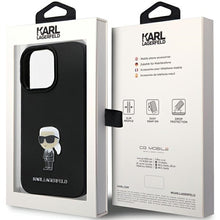 Заредете изображение във визуализатора на галерията – Original Pouch KARL LAGERFELD hardcase Silicone Ikonik Metal Pin KLHCP14LSMHKNPK for Iphone 14 Pro black
