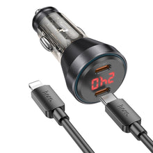 Заредете изображение във визуализатора на галерията – HOCO car charger 2 x Type C QC 30W with digital display + cable Type C to Lightning PD60W transparent black
