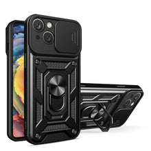 Заредете изображение във визуализатора на галерията – Hybrid Armor Camshield case with stand and camera cover for iPhone 15 - black
