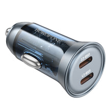 Заредете изображение във визуализатора на галерията – Borofone Car charger BZ26B Discovery - 2xType C - PD 45W 3A transparent-blue
