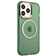 Заредете изображение във визуализатора на галерията – Guess GUHMP13LHTCMA iPhone 13 Pro / 13 6.1&quot; green/khaki hard case Gold Outline Translucent MagSafe

