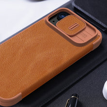 Заредете изображение във визуализатора на галерията – Nillkin Qin Pro Leather Flip Camera Cover Case for iPhone 15 Plus - Brown
