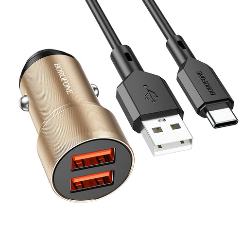 Borofone Car charger BZ19 Wisdom - 2xUSB - 12W with USB to Type C cable gold
