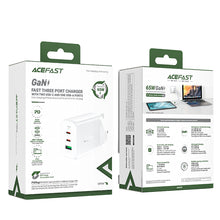 Заредете изображение във визуализатора на галерията – Acefast charger GaN 65W 3 ports (1xUSB, 2xUSB C PD) UK plug white (A44)
