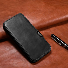 Заредете изображение във визуализатора на галерията – MagSafe Compatible Leather Flip Case for iPhone 15 Pro iCarer Curved Edge Oil Wax Real Leather Folio Case - Black
