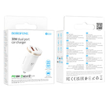 Заредете изображение във визуализатора на галерията – Borofone Car charger BZ22 Scenery - USB + Type C - QC 3.0 PD 30W white
