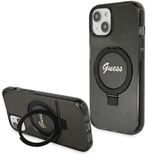 Заредете изображение във визуализатора на галерията – Guess Ring Stand Script Glitter MagSafe case for iPhone 14 / 15 / 13 - black
