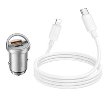 Заредете изображение във визуализатора на галерията – HOCO car charger 2 x USB QC3.0 18W + Type C PD 45W cable Type C for Iphone Lightning 8-pin Handy NZ10 silver
