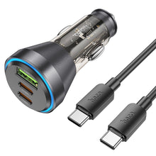 Заредете изображение във визуализатора на галерията – HOCO car charger USB QC 18W + 2 x Type C 30W + cabel Type C to Type C PD60W NZ12D transparent black
