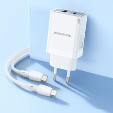 Заредете изображение във визуализатора на галерията – Borofone Wall charger BN16 Tough - USB + Type C - PD 45W 3A with Type C to Type C cable white
