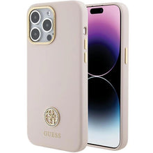Заредете изображение във визуализатора на галерията – Guess Silicone Logo Strass 4G case for iPhone 15 Pro Max - pink
