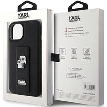 Заредете изображение във визуализатора на галерията – Karl Lagerfeld Gripstand Saffiano Karl&amp;Choupette Pins case for iPhone 15 Plus / 14 Plus - black
