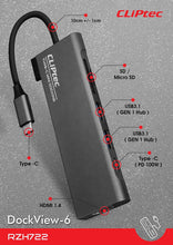 Заредете изображение във визуализатора на галерията – Cliptec Adapter HUB - Type C to 2xUSB 3.1 + Type C + SD/microSD + HDMI - DockView-6 RZH722 grey
