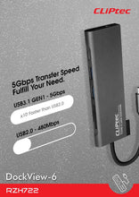 Заредете изображение във визуализатора на галерията – Cliptec Adapter HUB - Type C to 2xUSB 3.1 + Type C + SD/microSD + HDMI - DockView-6 RZH722 grey
