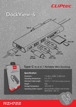 Заредете изображение във визуализатора на галерията – Cliptec Adapter HUB - Type C to 2xUSB 3.1 + Type C + SD/microSD + HDMI - DockView-6 RZH722 grey
