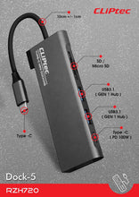 Заредете изображение във визуализатора на галерията – Cliptec Adapter HUB - Type C to 2xUSB 3.1 + Type C + SD/microSD - Dock-5 RZH720 grey
