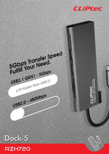 Заредете изображение във визуализатора на галерията – Cliptec Adapter HUB - Type C to 2xUSB 3.1 + Type C + SD/microSD - Dock-5 RZH720 grey
