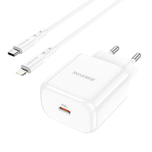 Заредете изображение във визуализатора на галерията – Borofone Wall charger BN3 Premium - Type C - QC 3.0 PD 2.0 20W with Type C to Lightning cable white

